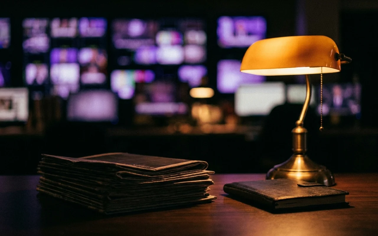 Pilha de jornais impressos sobre mesa escura diante de uma parede de telas de noticiario