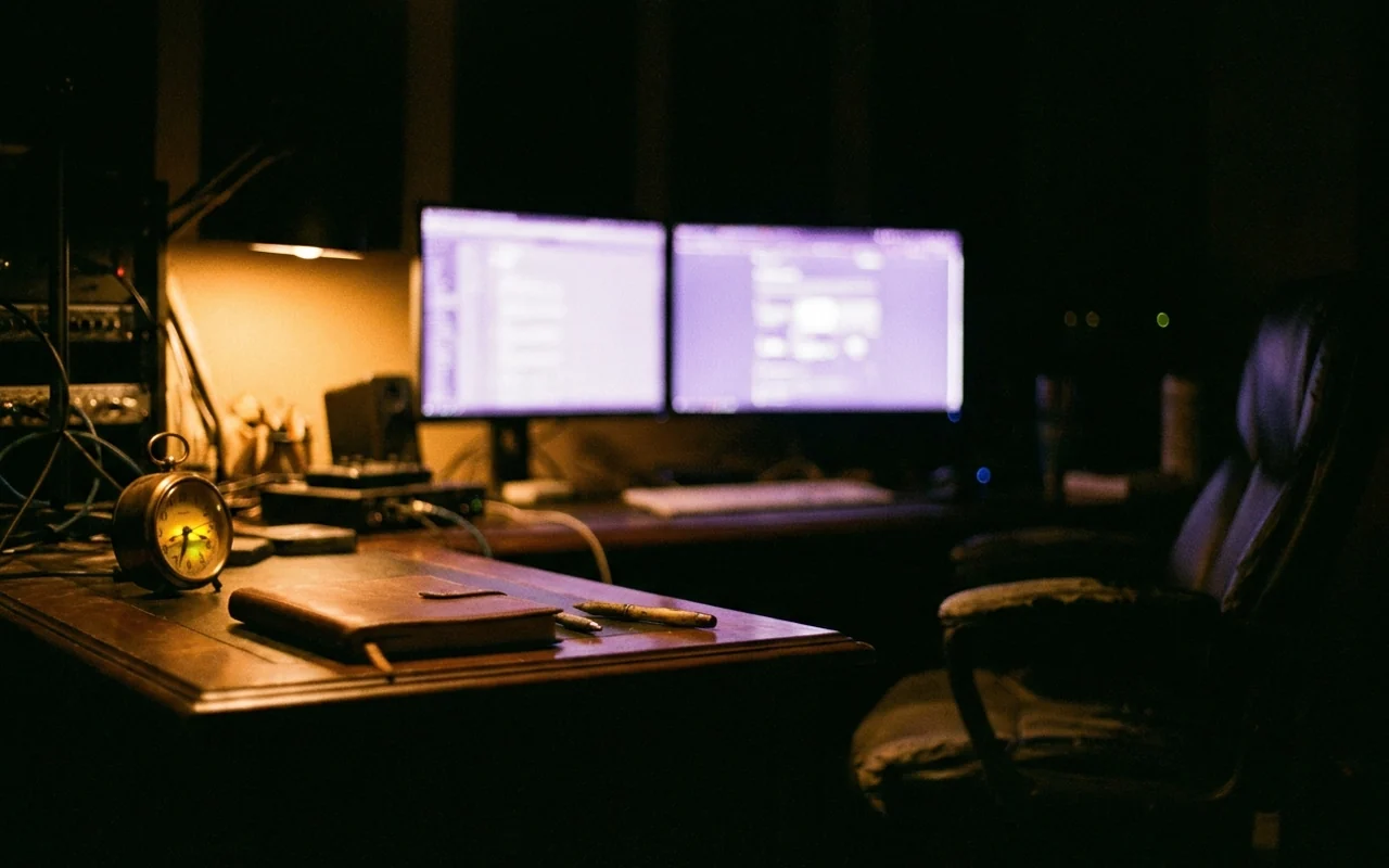 Estacao de monitoramento com dois monitores acesos e caderno fechado sobre a mesa