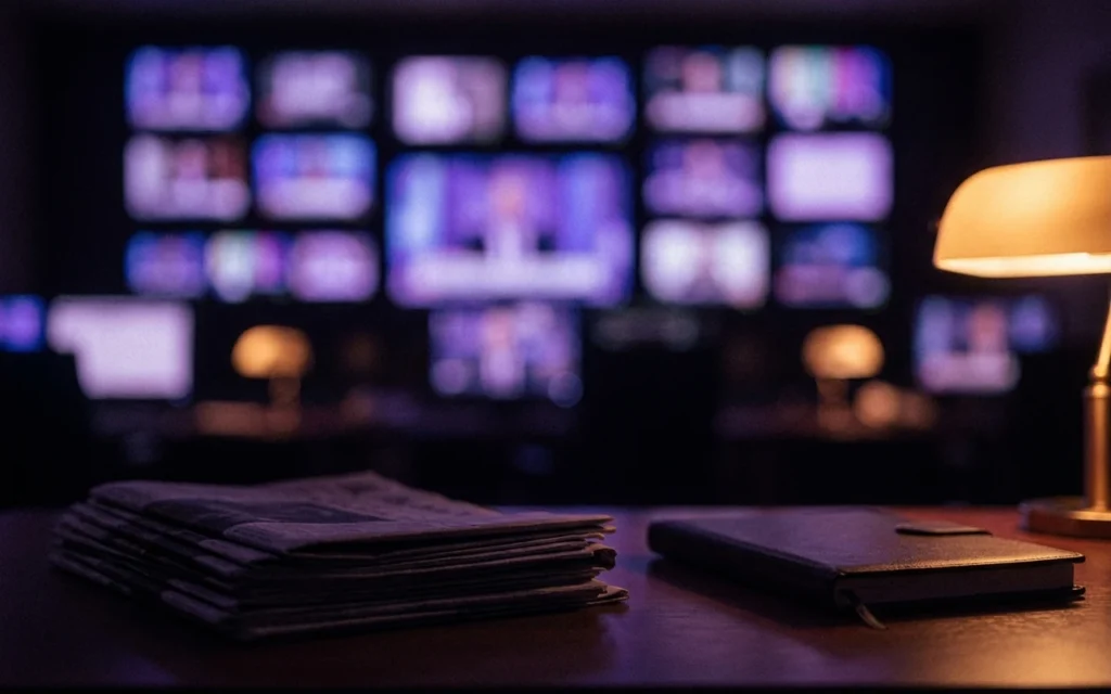 Parede de telas de noticiario e jornais impressos acompanhados pela Brange