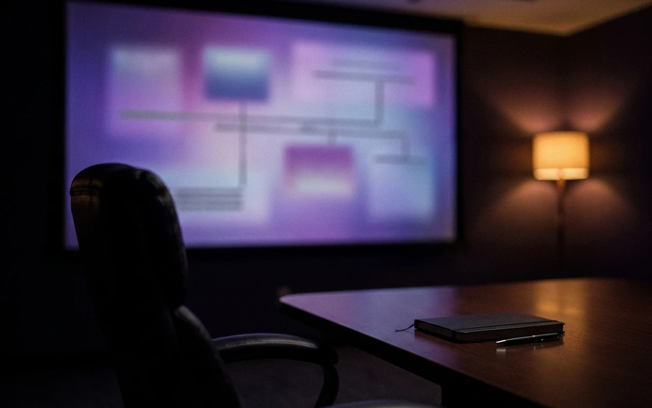 Sala de reuniao corporativa com briefing em tela