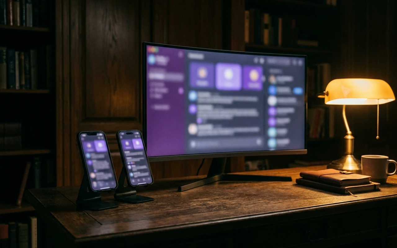 Telas de celular e monitor com feeds de redes sociais em acompanhamento